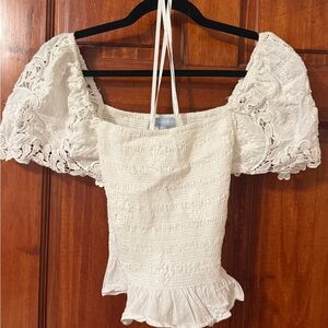 ANTONIO MELANI White Smocked Puff Sleeve Lace Peplum Top